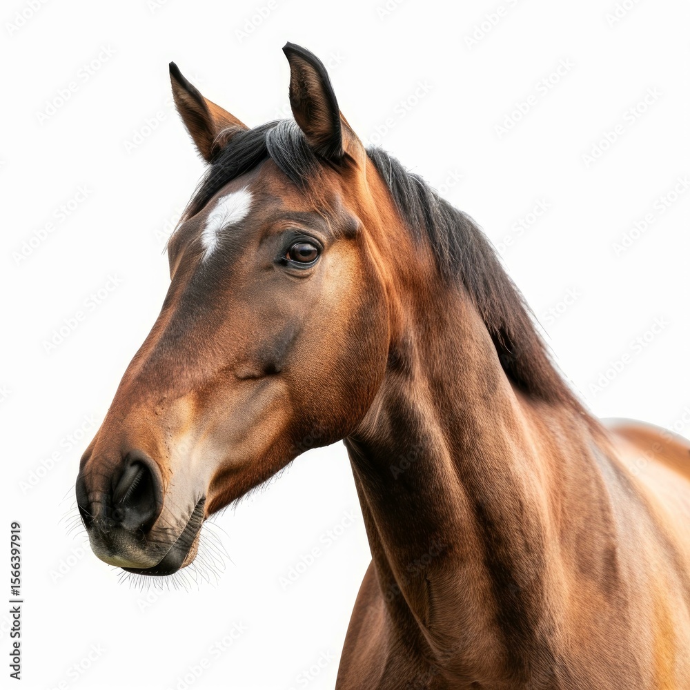 Fototapeta premium Bay horse with black mane posing for equestrian portrait on white background