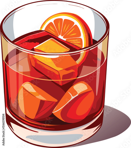 Refreshing negroni cocktail with ice and orange slice in a glass