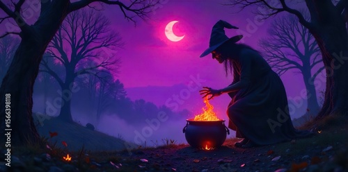 A gnarled, wicked witch stirs a bubbling cauldron, casting an ominous shadow over a spooky forest Her silhouette is framed by a crescent moon and ominous purple sky , moon, fire