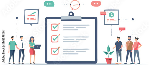 Illustration showing a group of people around a large checklist and communication bubbles above them