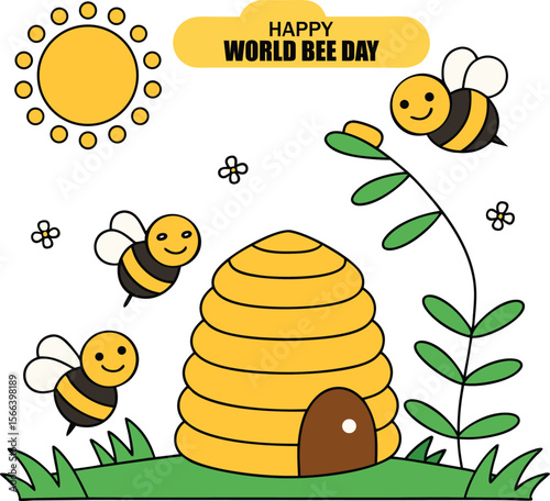 Happy world bee day with cute bees beehive sun and flowers