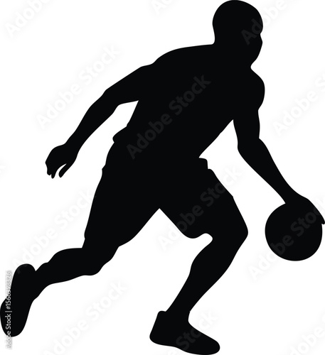 Silhouette of a basketball player dribbling the ball with intensity