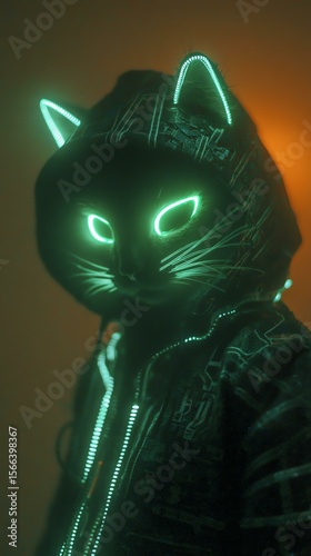Futuristic cat figure in glowing hoodie.