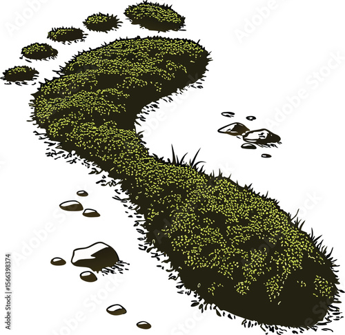 Footprint formed by lush green moss and scattered stones on a white background