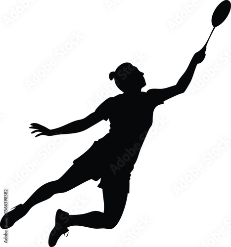 Silhouette of a female badminton player executing a powerful jump smash