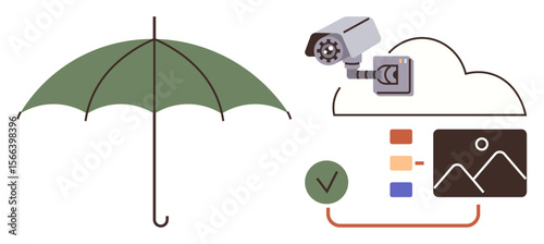 Green umbrella alongside surveillance camera, cloud icon, and data visualization components. Ideal for data security, protection, cloud storage, monitoring, digital safety, privacy visual metaphor