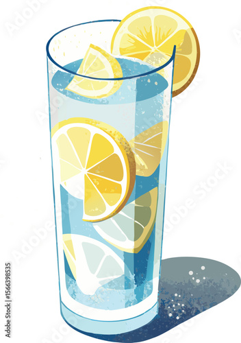 Refreshing glass of water with lemon slices and ice cubes on a white background