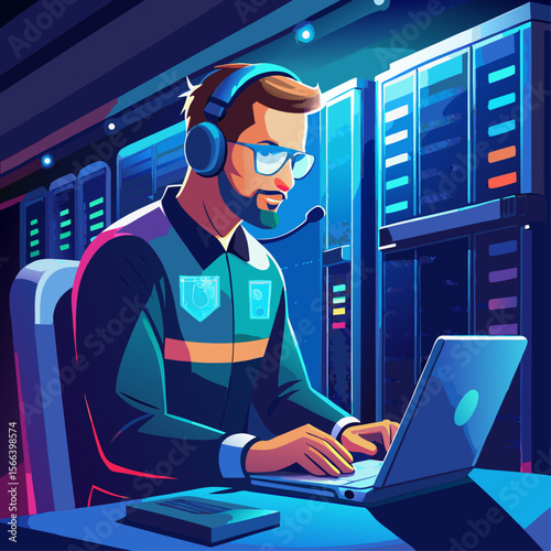 A man is sitting at a desk with a laptop and a headset on. He is wearing a green jacket and glasses. Concept of focus and concentration as the man works on his laptop