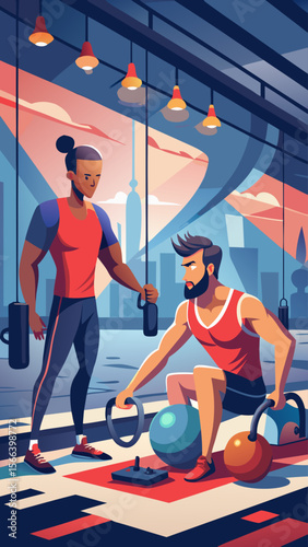 Two men are in a gym, one of them is lifting weights while the other is holding a bag
