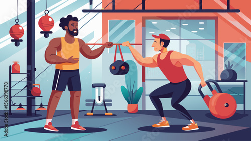 Two men are in a gym, one of them is lifting weights while the other is holding a bag