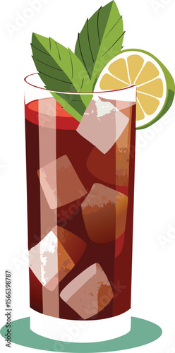 Refreshing iced cola drink with mint and lime garnish in a tall glass