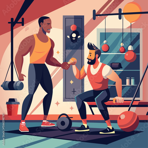 Two men are in a gym, one of them is lifting weights while the other is holding a bag