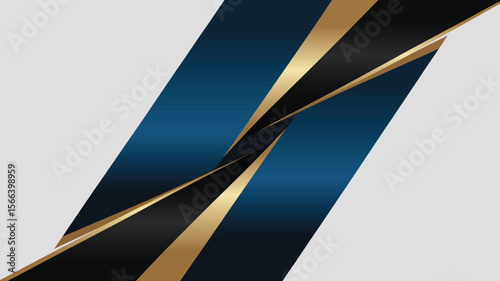 Abstract background with blue and black diagonal stripes accented with gold trim on a white backdrop