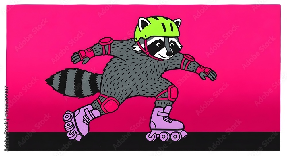 Naklejka premium Illustration of a raccoon on roller skates. modern block printing, risograph, roller skating, printmaking style, modern illustration, character design, stylized animal, vibrant colors, textured print