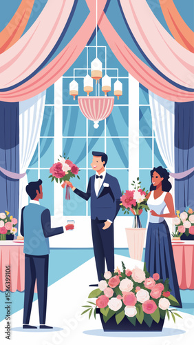 A man in a suit stands between two women, one of whom is holding flowers. The scene is set in a room with curtains and a chandelier, and the mood is elegant and romantic