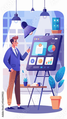 A man is standing in front of a white board with a projector. He is pointing at the board and talking. The board has a lot of information on it, including graphs and pictures