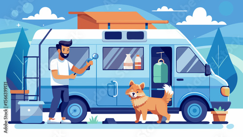 A man is standing next to a blue van with a dog. The man is holding a tool and he is fixing something. The van is parked in a grassy area with trees in the background
