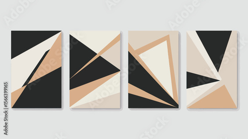 Four geometric abstract paintings with triangles in black tan and beige on a light gray background