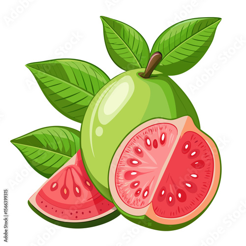 Realistic Tropical Guava PNG Vector with Slice, Leaves, and Seeds
