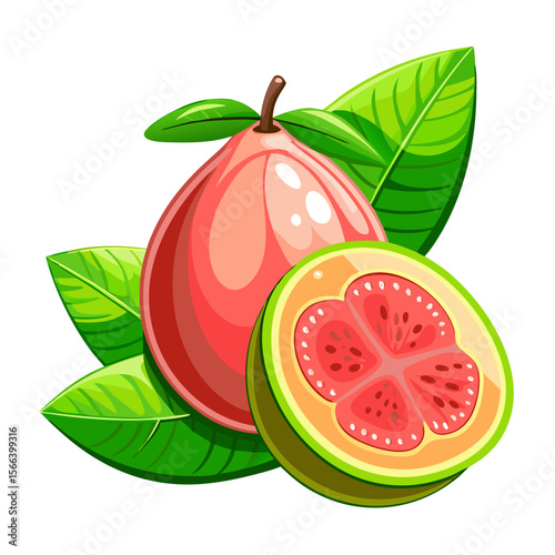 Realistic Tropical Guava PNG Vector with Slice, Leaves, and Seeds