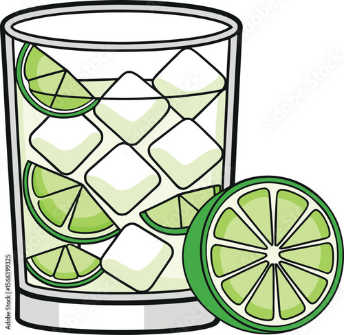Refreshing glass of iced drink with lime slices and a lime half