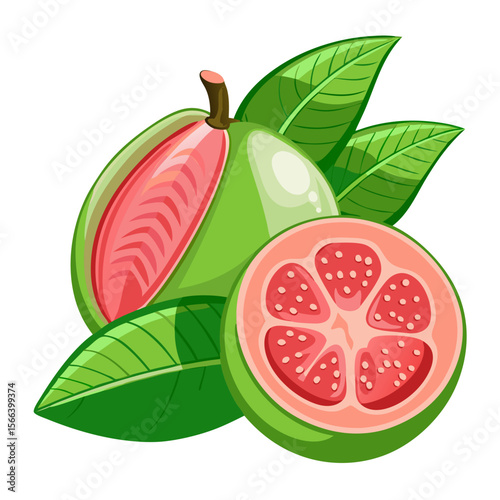 Realistic Tropical Guava PNG Vector with Slice, Leaves, and Seeds