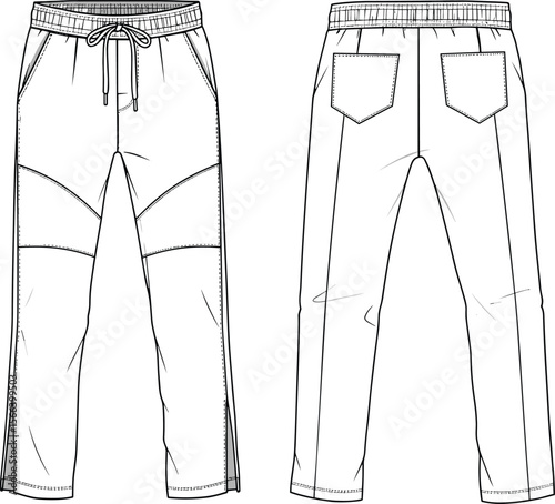 Flat vector CAD drawing of casual jogger pants with drawstring waist, knee panel design, side pockets, back pockets, and cuff