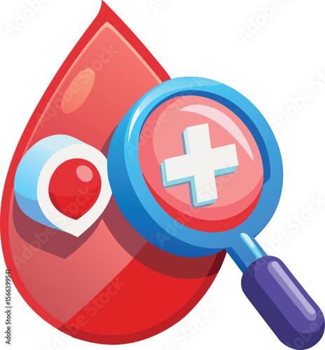 Magnifying glass examines blood drop with medical cross symbol