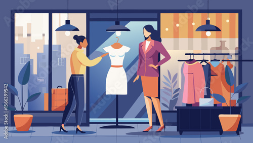Two women are in a store, one is trying on a dress. The other woman is standing behind her, looking at her. The store has a modern and stylish vibe