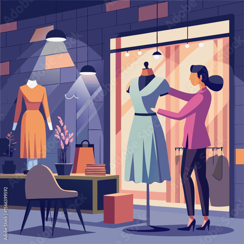 Two women are in a store, one is trying on a dress. The other woman is standing behind her, looking at her. The store has a modern and stylish vibe