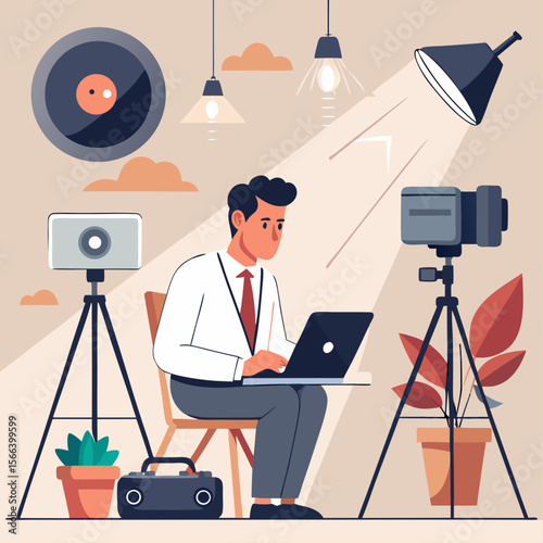 A man is sitting at a desk with a laptop and a camera. He is wearing glasses and a tie. The room is decorated with a potted plant and a few books. Scene is professional and focused