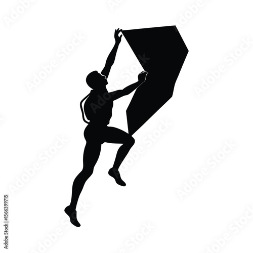 Black silhouette of rock climber reaching for hold