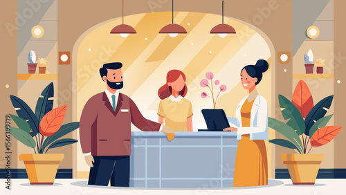 A man and a woman are standing in front of a desk with a laptop on it. The scene is set in a hotel lobby