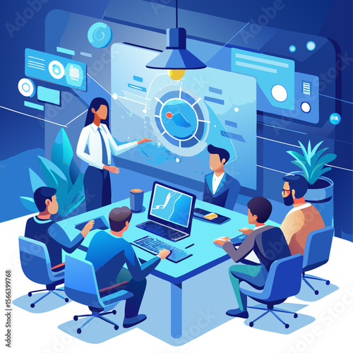 A group of people are sitting around a table with a woman giving a presentation. The room is filled with technology, including laptops and a projector. The atmosphere is professional and focused