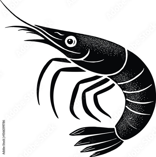 Stylized black and white silhouette of a shrimp with speckled detail