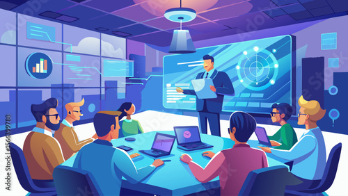 A group of people are sitting around a table with a woman giving a presentation. The room is filled with technology, including laptops and a projector. The atmosphere is professional and focused