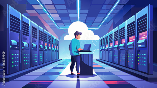 A man is sitting in a room with a laptop, surrounded by servers. The room is dimly lit, and the man is focused on his work. The servers are lined up along the walls