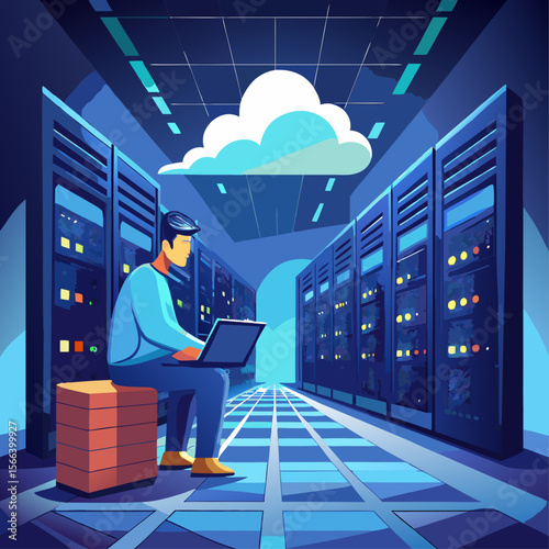 A man is sitting in a room with a laptop, surrounded by servers. The room is dimly lit, and the man is focused on his work. The servers are lined up along the walls
