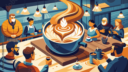 A group of people are sitting around a table with a large coffee pot in the center. The coffee pot is surrounded by cups and saucers, and there are several people drinking from the cups
