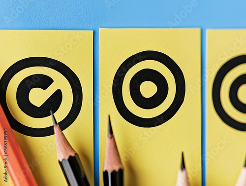 Goal setting concept with target and check mark symbols on yellow sticky notes with pencil tips on blue background