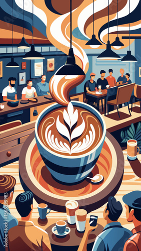 A group of people are sitting around a table with a large coffee pot in the center. The coffee pot is surrounded by cups and saucers, and there are several people drinking from the cups