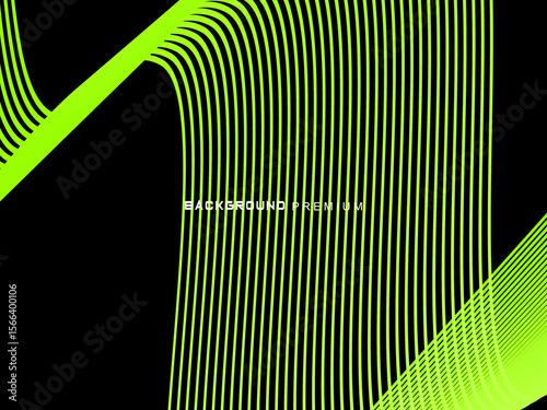 Background pattern of bright green neon stripes that curve and wavy dynamically on a black background, creating an effect of movement and modernity.