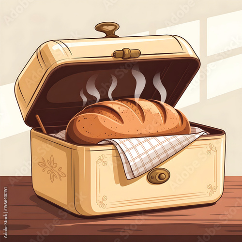 Freshly Baked Loaf in Vintage Bread Box - Cozy Kitchen Illustration