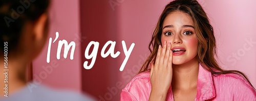 Young woman whispering Im gay to her best friend with joyful expression in pink room, sharing personal moment