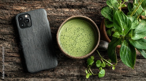Matcha tea smartphone plants rustic wooden tabletop