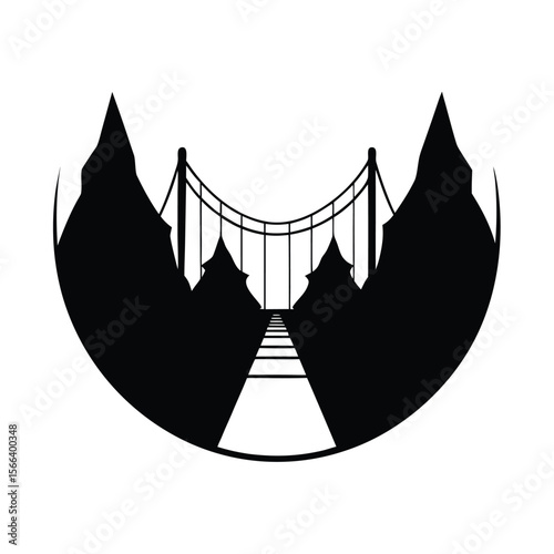 Black silhouette of suspension bridge between mountain peaks