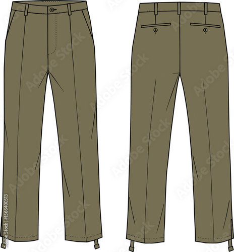 Flat vector CAD drawing of men’s formal trousers, front and back view, detailed technical sketch, khaki color, garment design illustration.