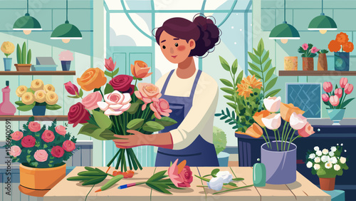 A woman is arranging flowers in a vase. The flowers are of different colors and sizes, and they are placed in a vase on a table. The woman is wearing a blue apron and a ponytail