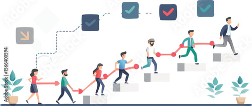 People walking up stairs with check marks and an arrow showing progress and a plant at the bottom