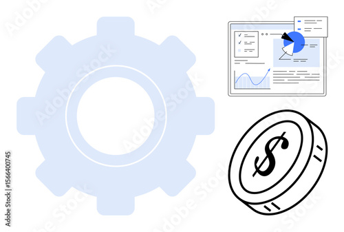Large gear symbolizes process or system, dollar coin represents finances, and chart highlights data analysis. Ideal for finance, business strategy, technology, analytics, automation, marketing
